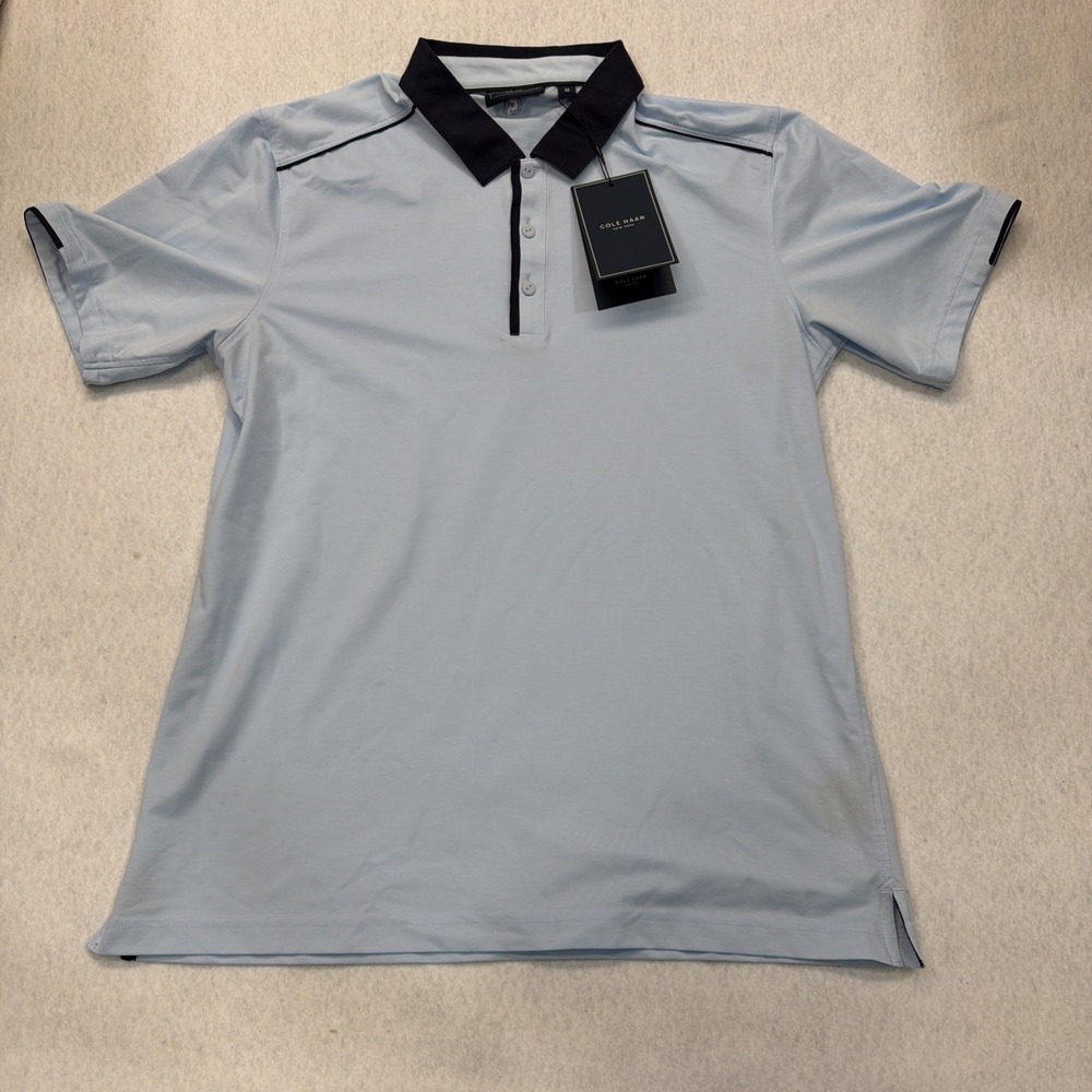 Men Cole Haan NWT Light Blue Short Sleeve  Collar shirt Sz Med Trafton Polo Golf